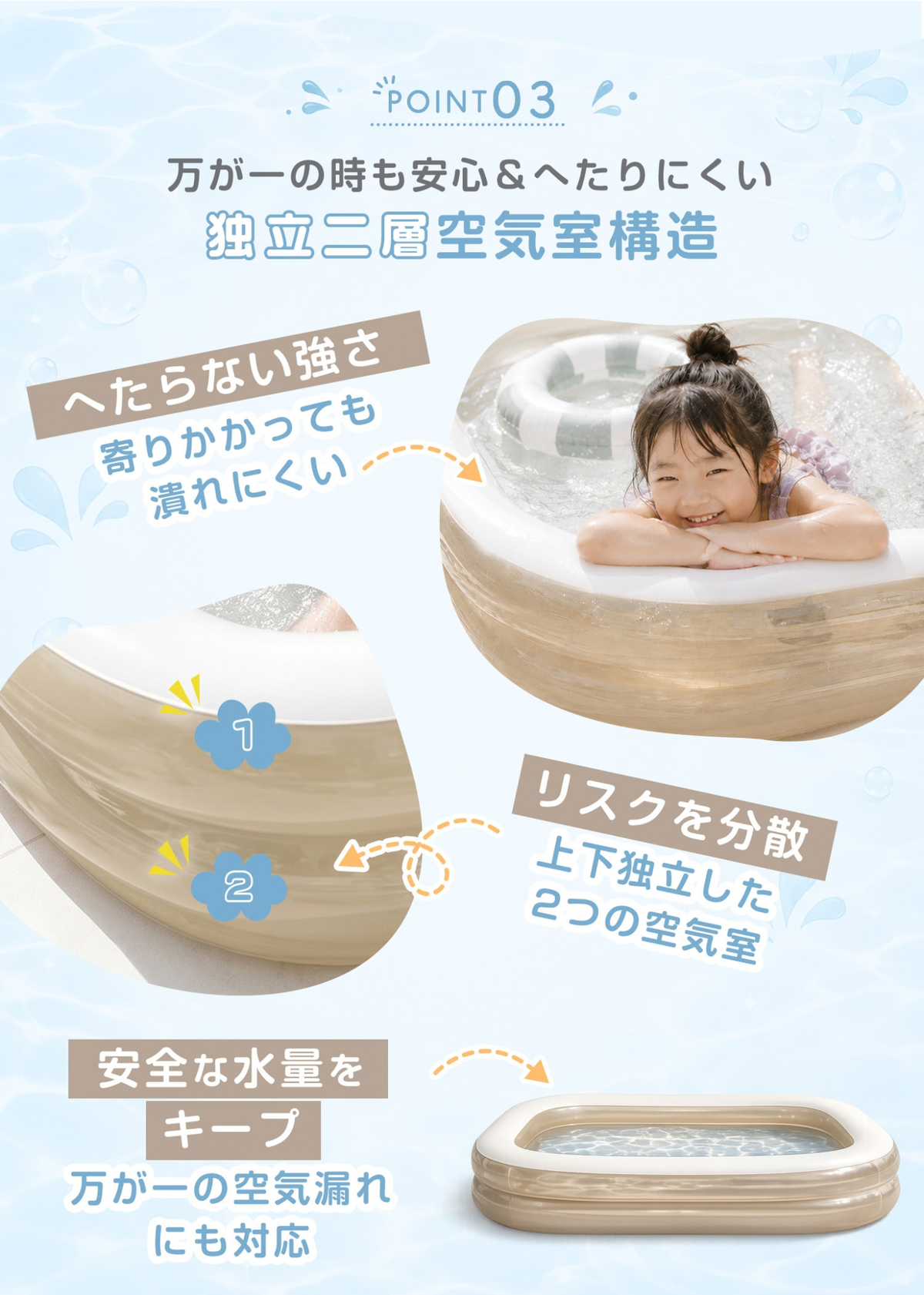 家庭用ビニールプールの独立二層空気室構造を紹介する説明画像。空気室を分けて安定した形状を保ちやすい設計を掲載