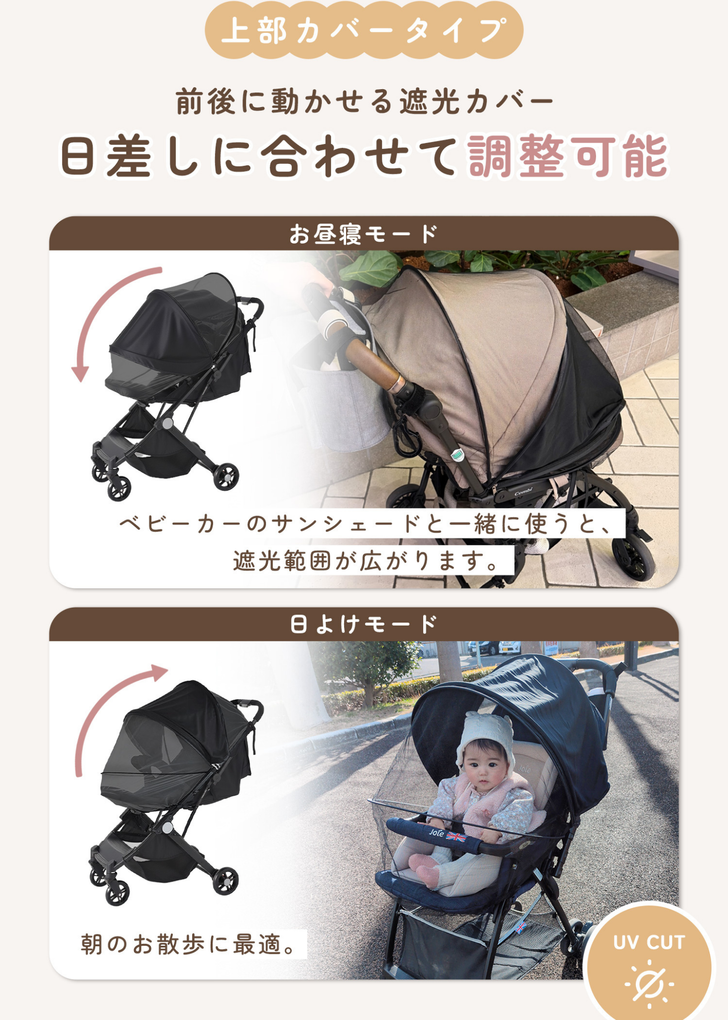 上部カバータイプのベビーカーサンシェードを紹介する画像。日差しに合わせてカバー位置を調整できる仕様