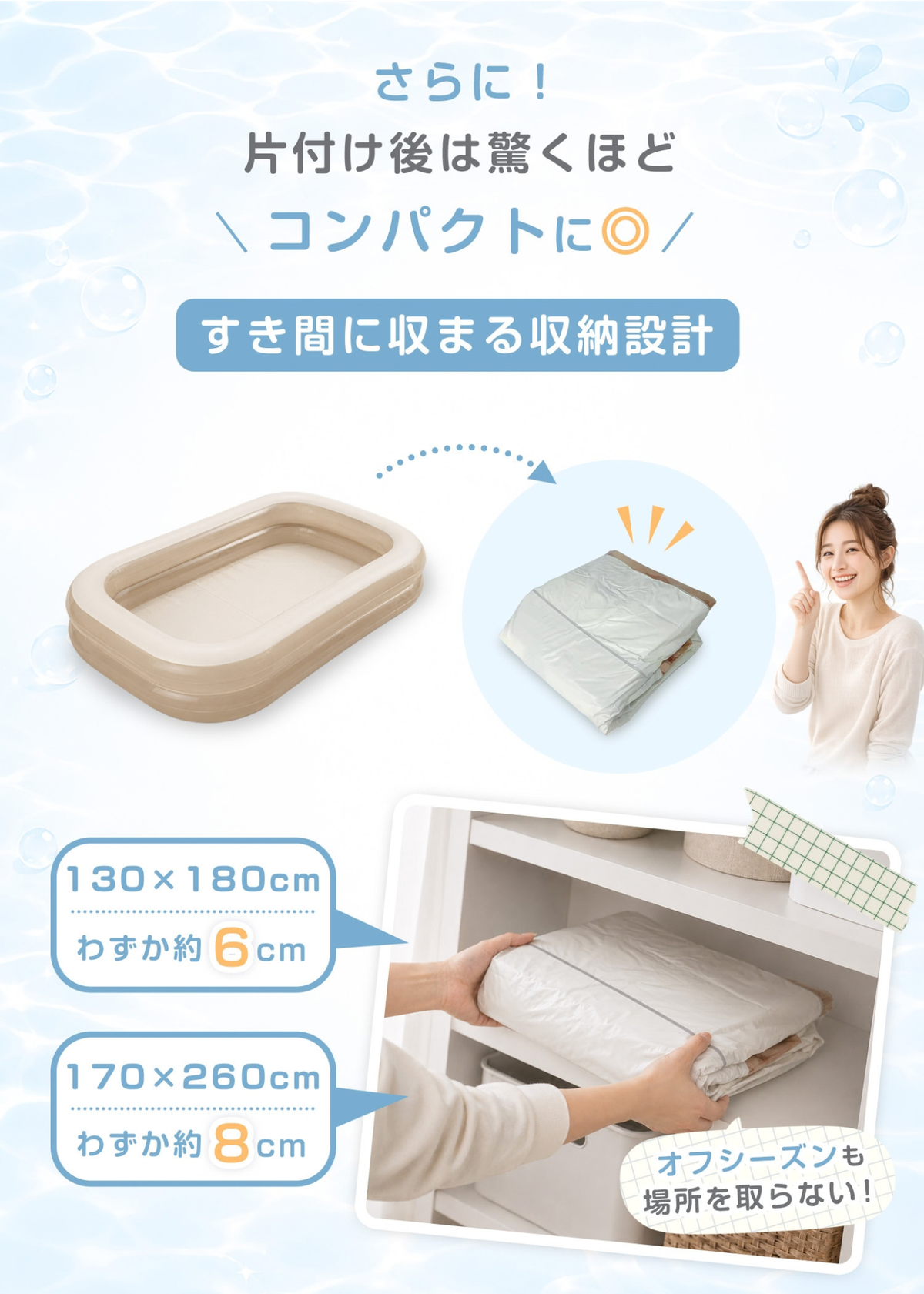 家庭用ビニールプールのコンパクト収納を紹介する説明画像。折りたたんで収納袋に入れやすい仕様と2サイズの収納例を掲載