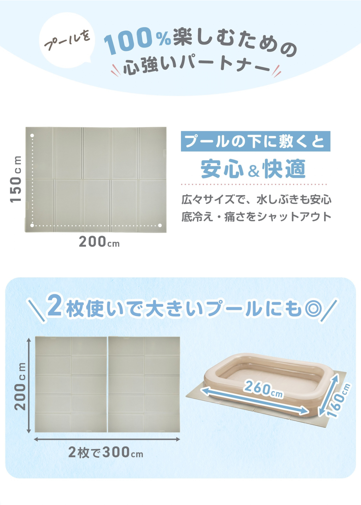 家庭用ビニールプールの活用方法を紹介する説明画像。プール用クッションマットと組み合わせて快適に使う方法や2枚使用時のサイズを掲載