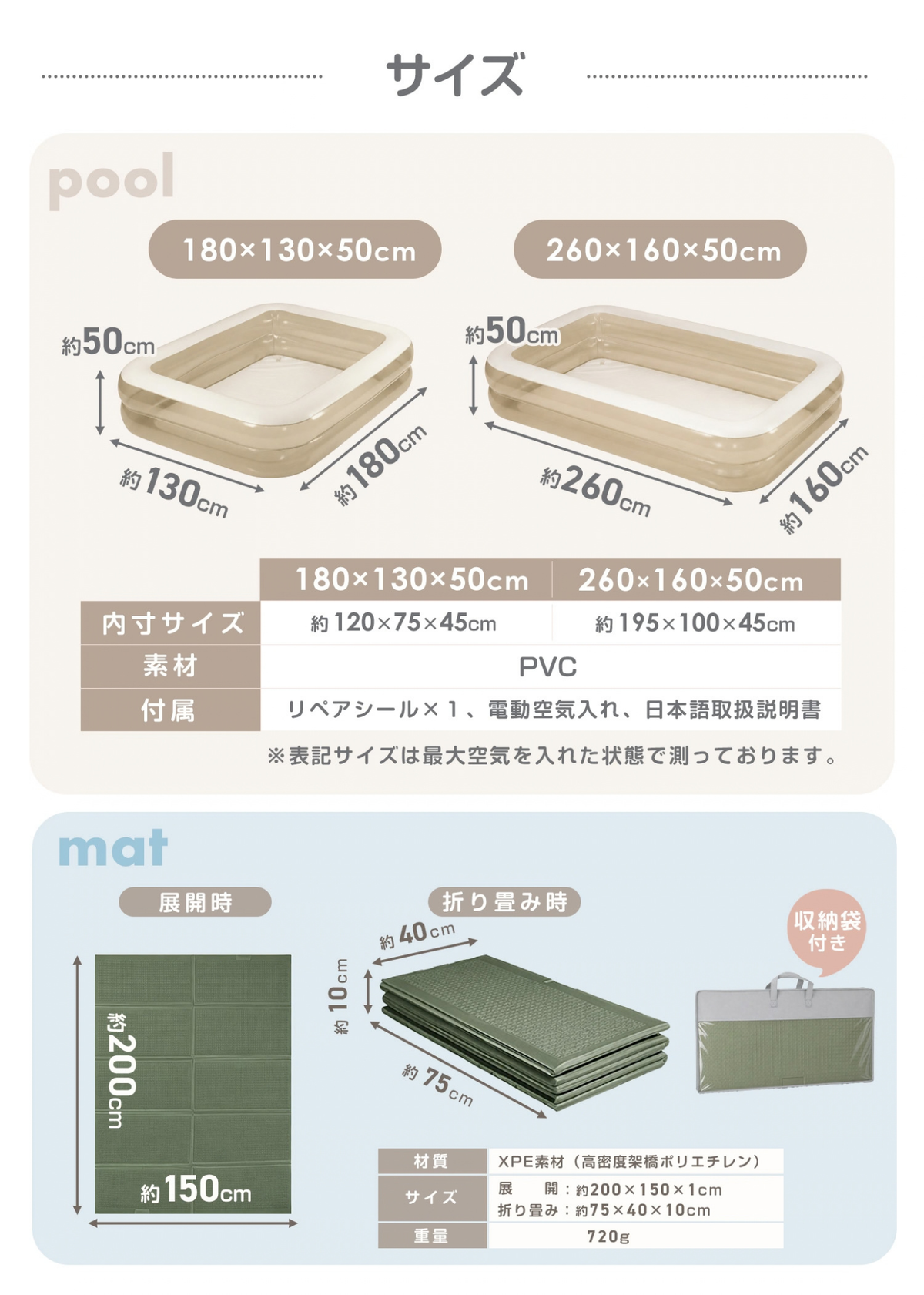 家庭用ビニールプールとクッションマットのサイズ一覧。プールの各サイズとマットの寸法を比較して掲載
