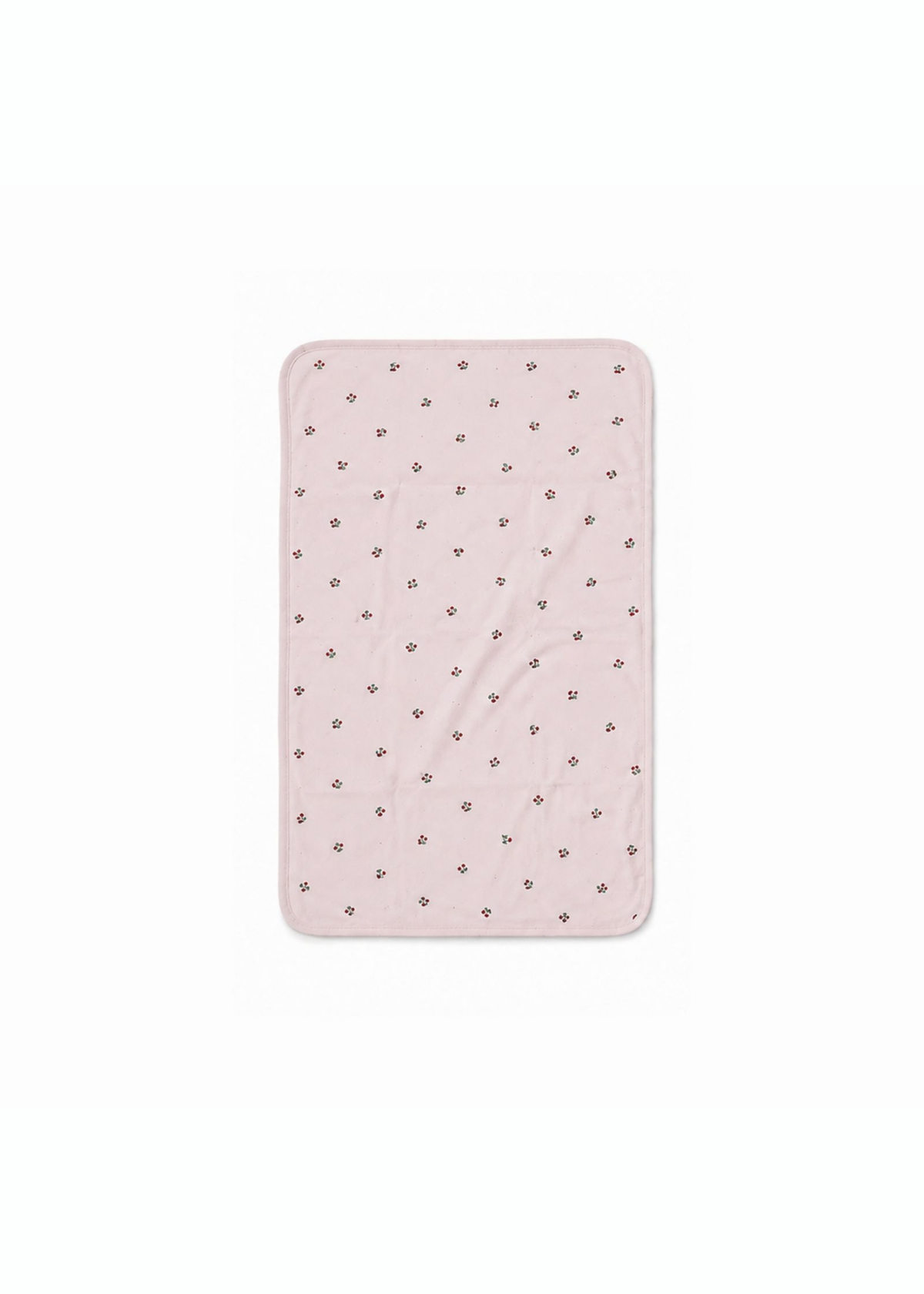 ピンク系のベビーキッズ防水シーツを広げた商品画像。やわらかな6重ガーゼ素材のベビーシーツ