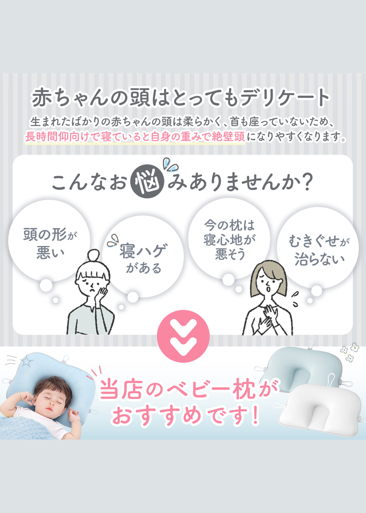 赤ちゃんの頭の形に合わせたベビー枕の使用イメージと、枕の特徴を紹介する画像