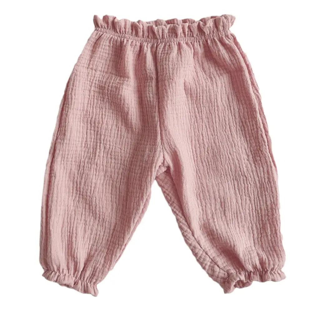 ベビーパンツ ガーゼ素材長ズボン 通気性抜群ボトムス 夏用ベビーボトム 虫よけ対策ズボン あせも予防パンツ 裾ゴム入りズボン 日焼け防止ベビーパンツ ナチュラルカラー子ども服 男女兼用ガーゼパンツ