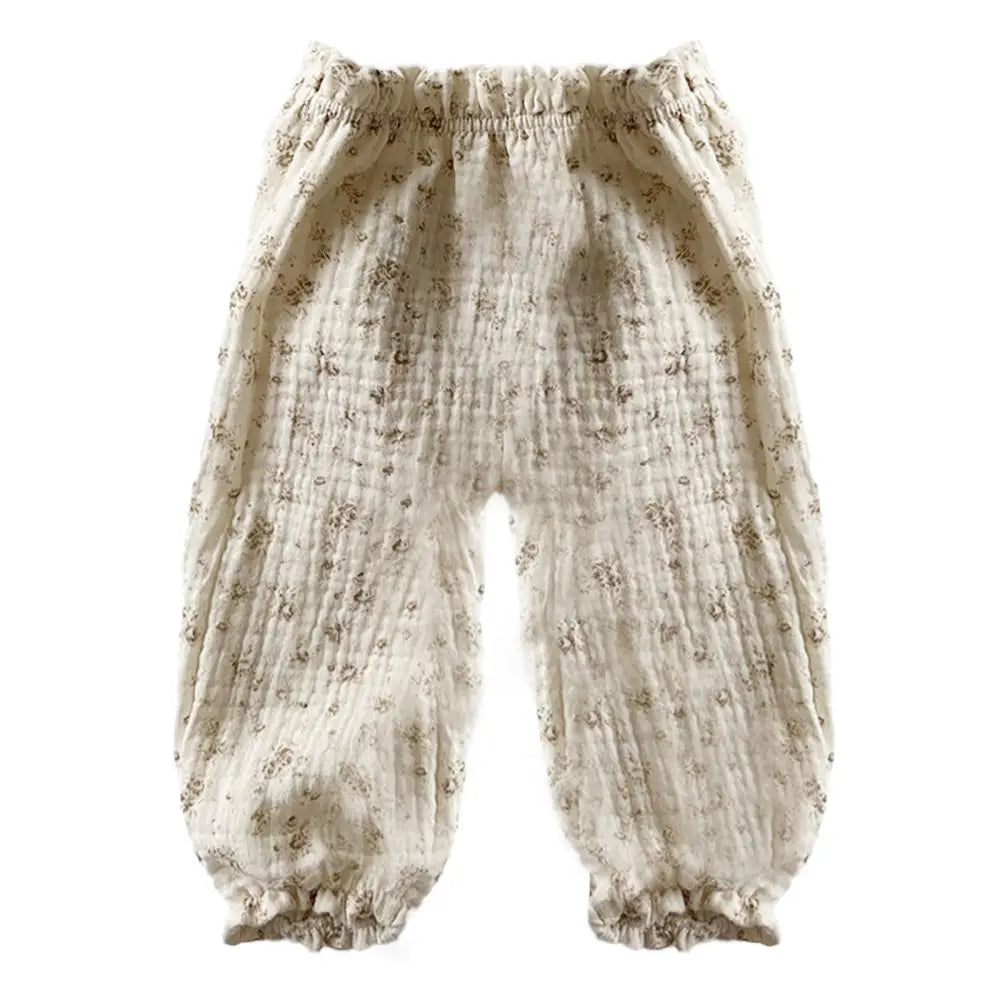 ベビーパンツ ガーゼ素材長ズボン 通気性抜群ボトムス 夏用ベビーボトム 虫よけ対策ズボン あせも予防パンツ 裾ゴム入りズボン 日焼け防止ベビーパンツ ナチュラルカラー子ども服 男女兼用ガーゼパンツ