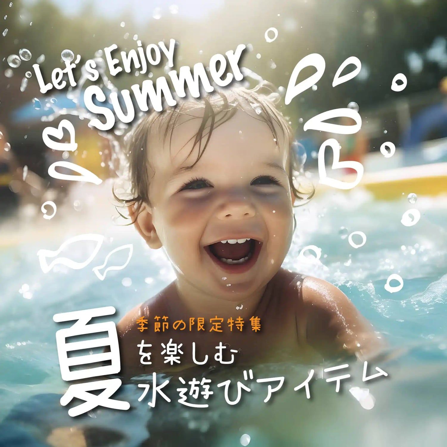 泡とテキストオーバーレイと一緒に水の中で泳いでいる喜びに満ちた幼い子供。