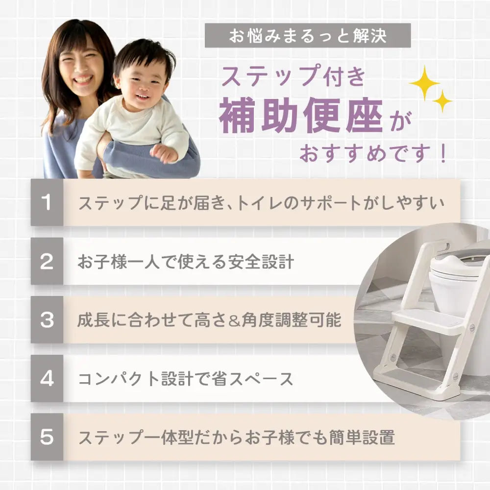 トイレトレーニング補助便座 ステップ付き補助便座 高さ調整可能トイトレ補助便座 折りたたみ式子ども便座 安定感抜群トイレステップ 滑り止め付き補助トイレ 角度調整可能トイレステップ 自立練習用便座 省スペース設計補助便座 子ども用トイレトレーニングチェア