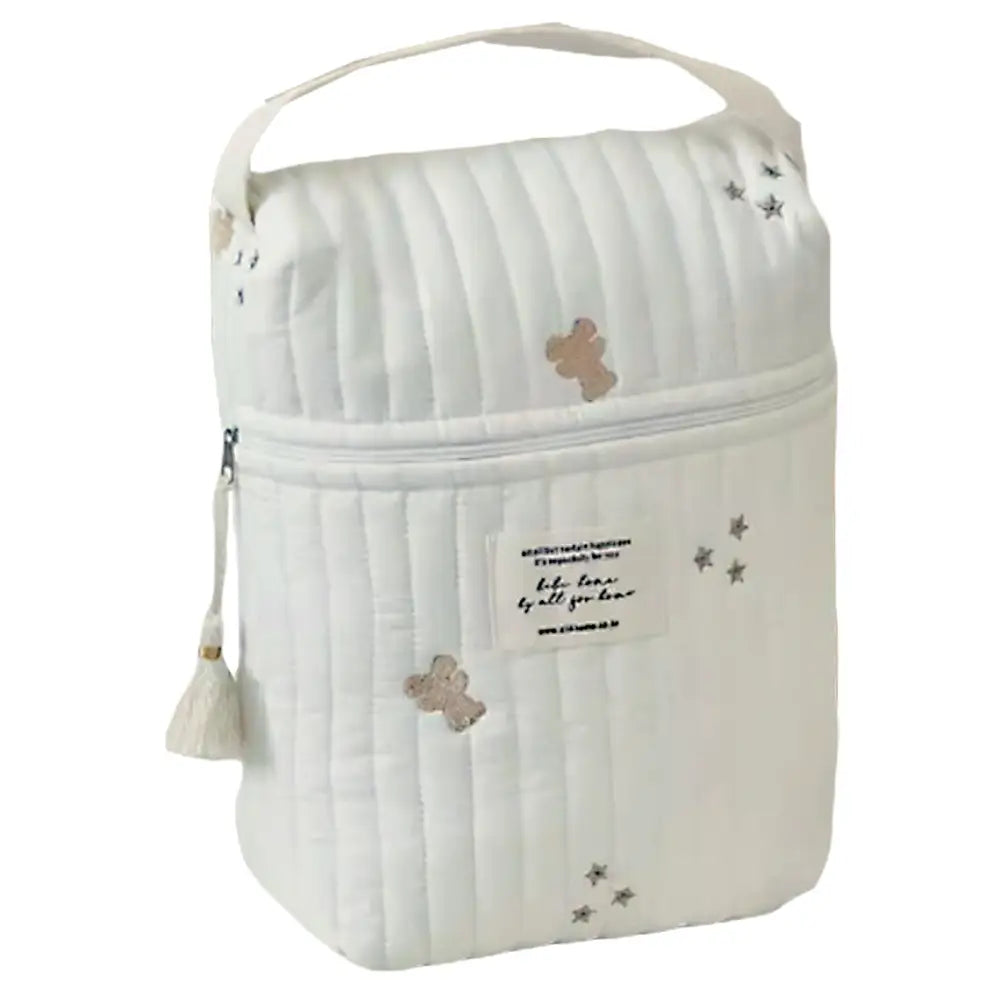 マルチポーチ 大容量ベビーポーチ キルティングコットンポーチ 哺乳瓶収納ポーチ おむつポーチ 広口ファスナーポーチ タッセル付きおしゃれポーチ ベビーカーバッグ兼用ポーチ マチ広サブバッグ 刺繍デザインポーチ