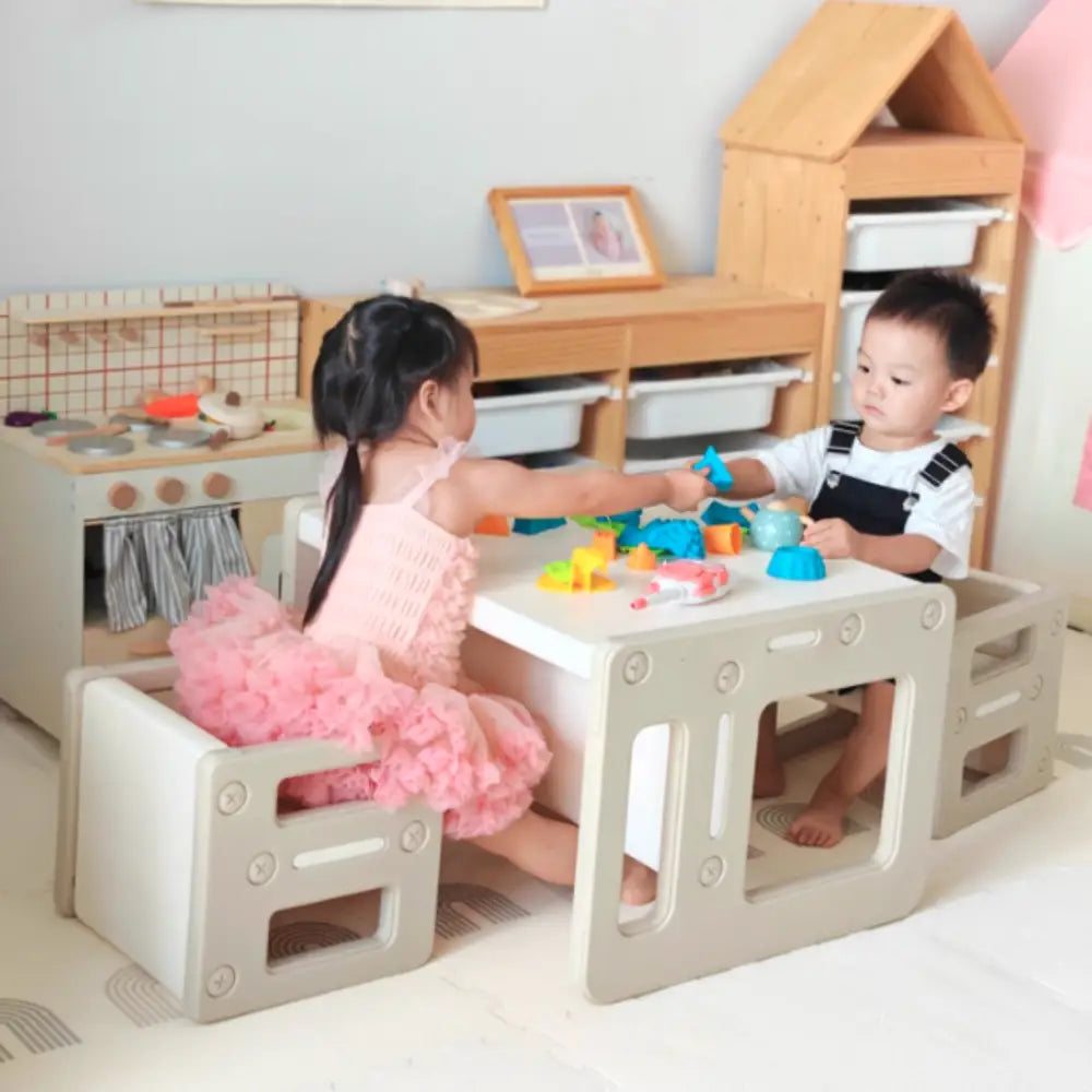 キッズデスクチェア 子ども用学習机 多機能デスクセット 収納付きキッズチェア プレイテーブル 耐荷重ベンチ 折りたたみデスク お片付けしやすい家具 プラスチック子供家具 成長対応デスク