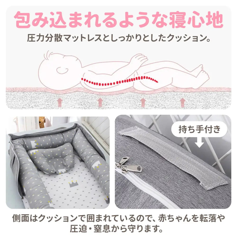 ポータブルベビーベッド 赤ちゃん 折りたたみ式 綿素材 洗える 寝具 新生児 旅行用 昼寝 クッション付き