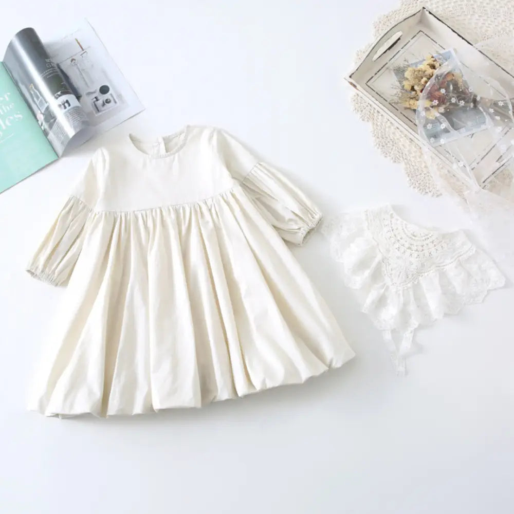 ベビードレス レース襟 子供服 フォーマル 女の子 ワンピース コットン100% バルーン袖 ギャザー フリル かわいい 結婚式 セレモニー キッズ 洗濯機OK 着替え簡単 おしゃれ