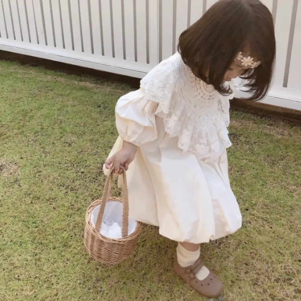 ベビードレス レース襟 子供服 フォーマル 女の子 ワンピース コットン100% バルーン袖 ギャザー フリル かわいい 結婚式 セレモニー キッズ 洗濯機OK 着替え簡単 おしゃれ