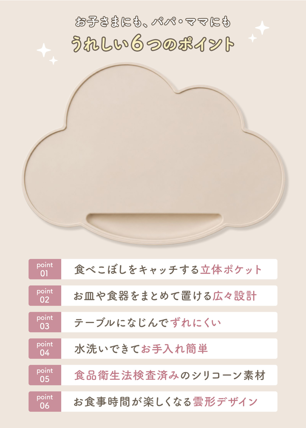 雲形ランチョンマットの雲形デザインとポケット部分を紹介する商品説明画像