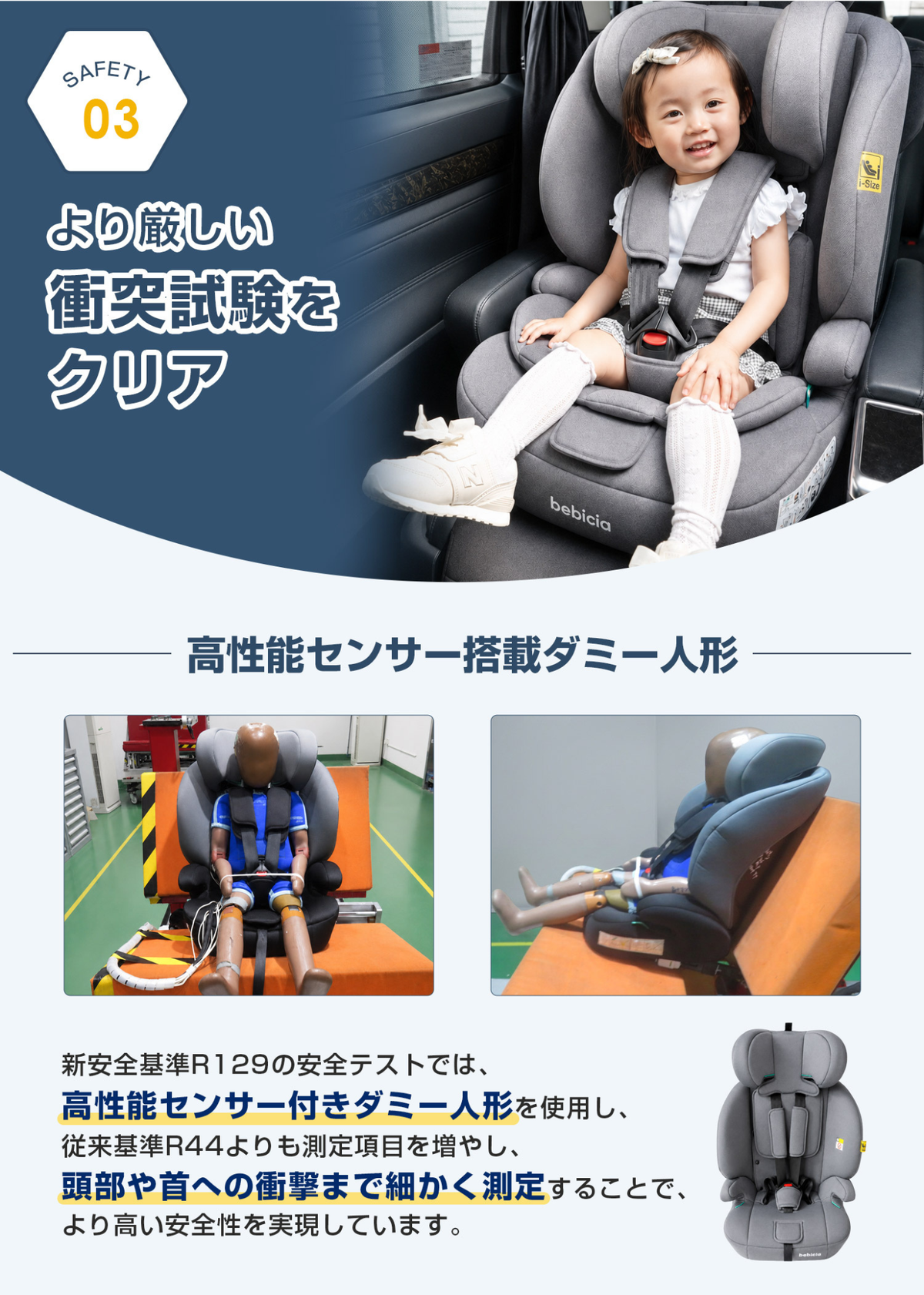 チャイルドシートの安全性を紹介する画像、衝撃試験や頭部・側面保護の説明