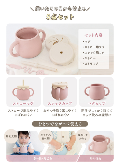 3WAYマグの使用方法とセット内容を紹介する説明画像。ストローマグ、スナックカップ、マグカップの3通りで使える仕様
