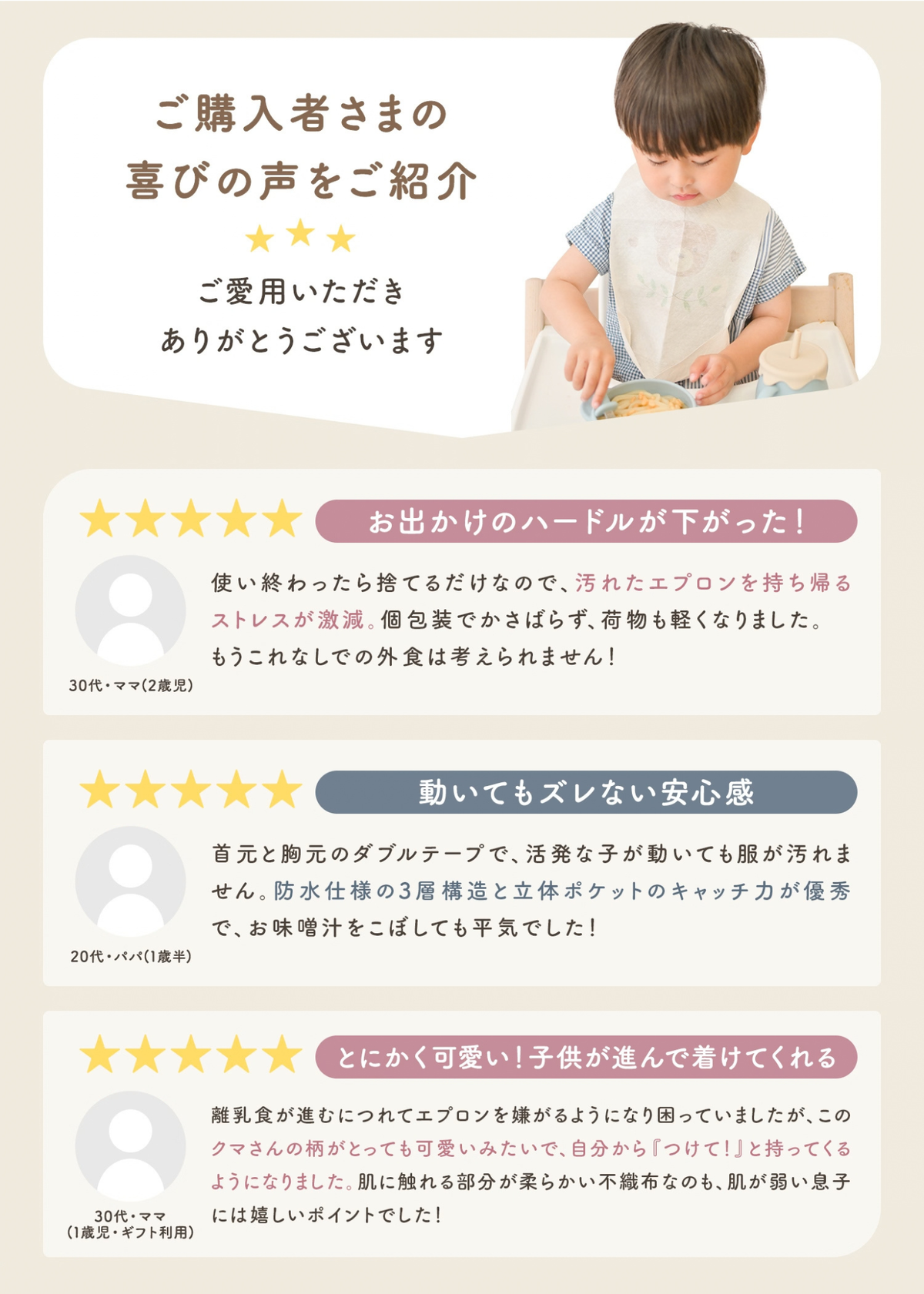 使い捨てエプロンの購入者の声を紹介する画像。実際の使用感や使いやすさに関するレビューを掲載
