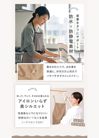 大人用エプロンの使用シーンと機能紹介、撥水加工やポケット、着用時のイメージ