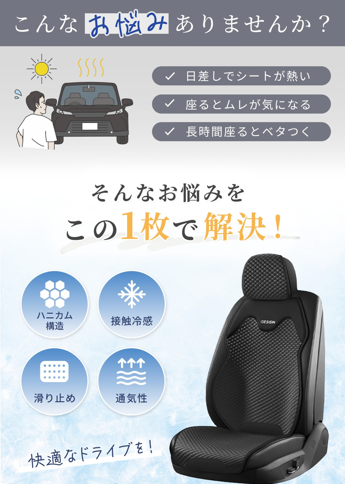 車用冷感シートカバーの暑さ対策を紹介する説明画像。日差しで熱くなった車内のシートを冷感素材で快適にする設計