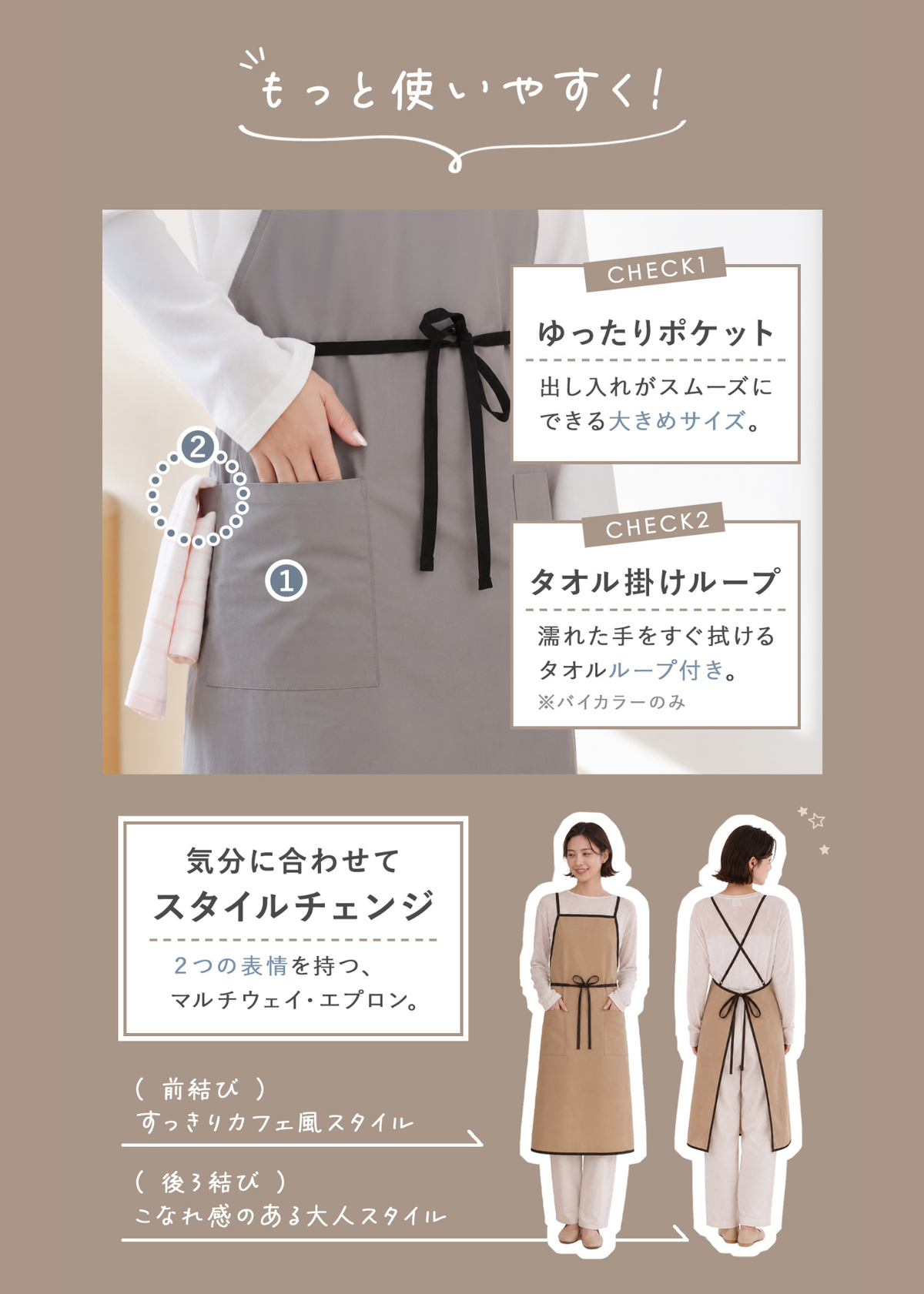 大人用エプロンのディテール紹介、ウエスト紐やポケット、肩紐の調整方法と着用スタイル