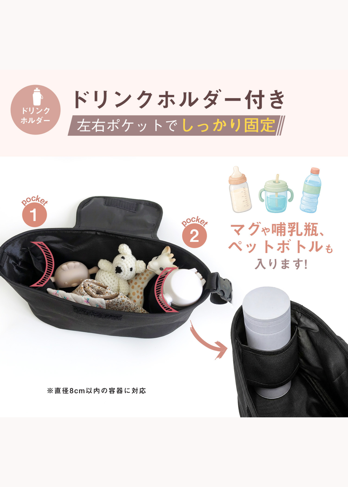 ベビーカーバッグの左右ドリンクホルダーを紹介する説明画像。マグやペットボトルを左右のホルダーに固定して収納するイメージ