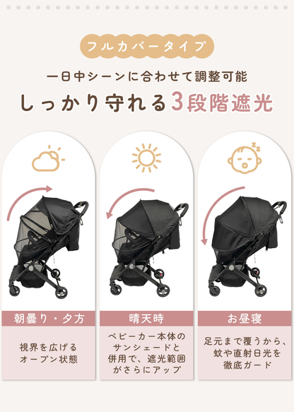 ベビーカーサンシェードの3つの使い分けを紹介する説明画像。日よけ、暑さ対策、虫よけなどシーン別の使い方を掲載