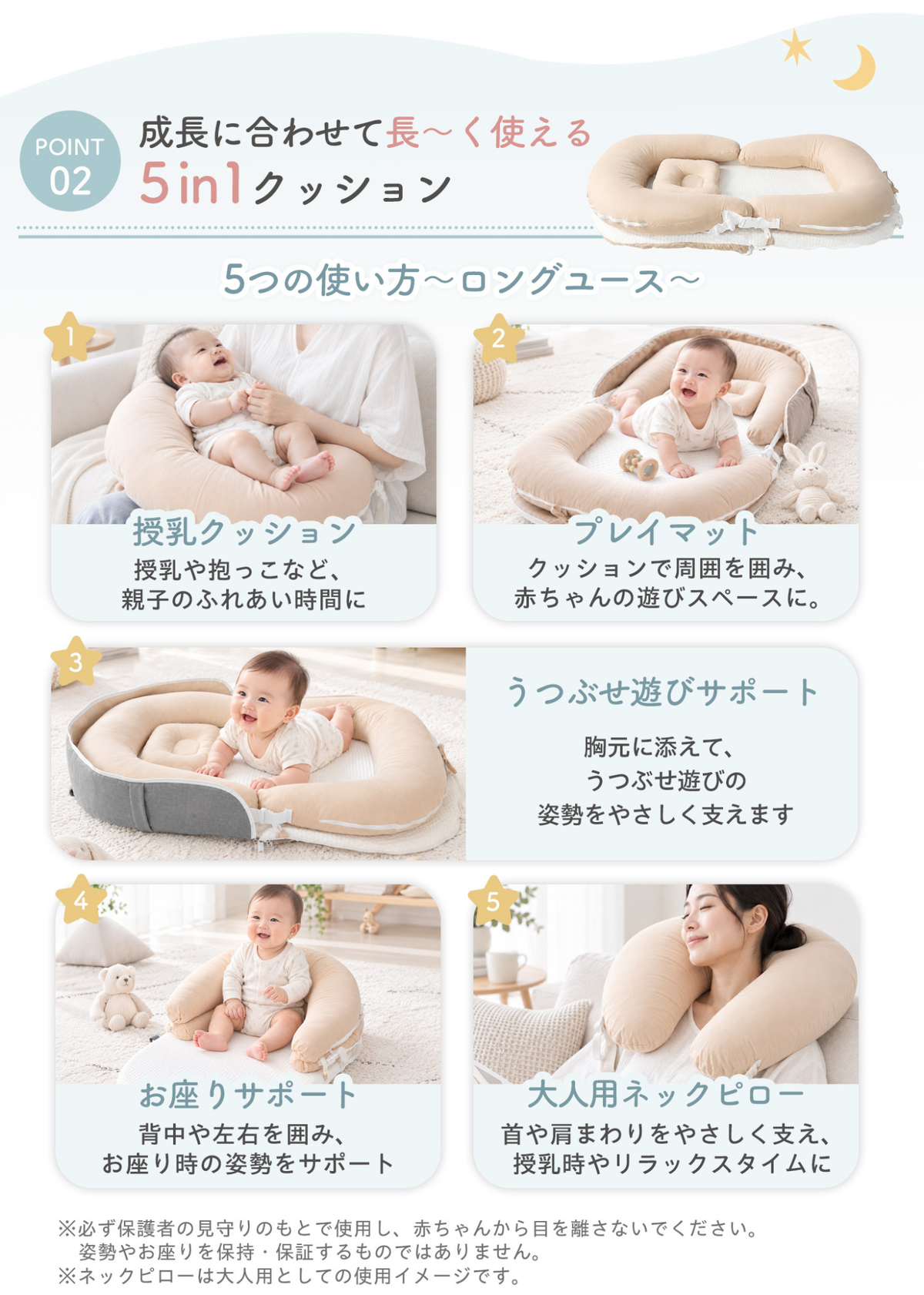 ベッドインベッド持ち運びタイプの機能紹介、赤ちゃんの寝心地や使いやすさを説明する画像