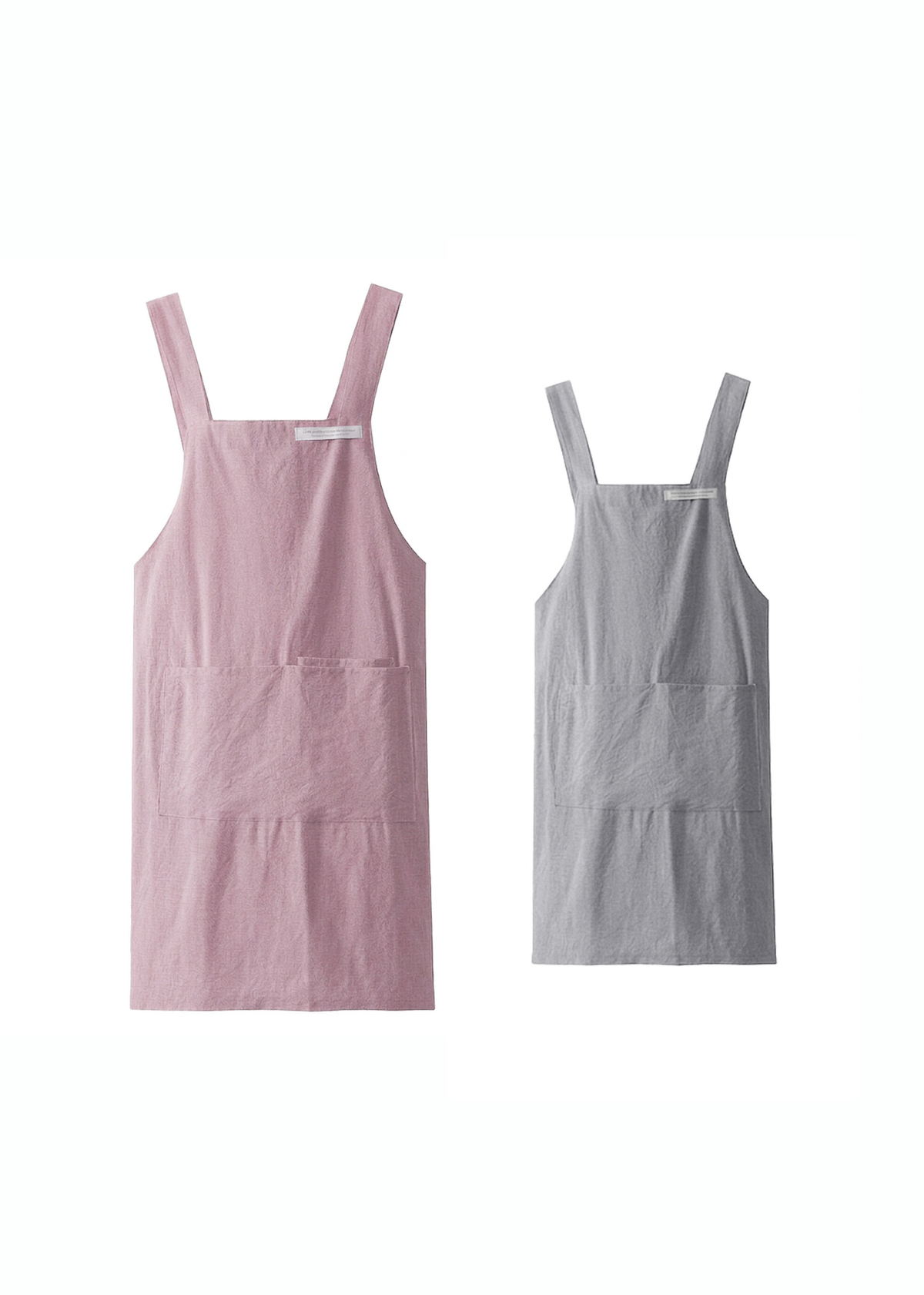 ピンクとグレーの親子エプロンを並べた商品画像。大人用と子ども用のカラー違いを比較