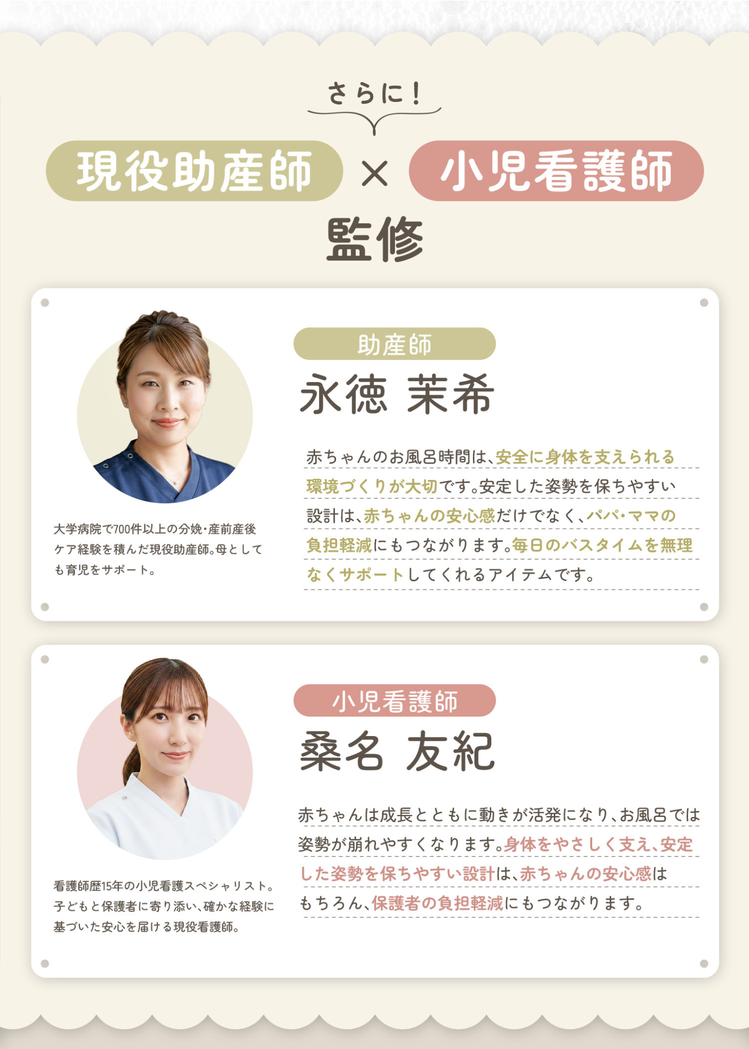 ベビーシャワースタンドを現役助産師と小児科医が監修したことを紹介する説明画像