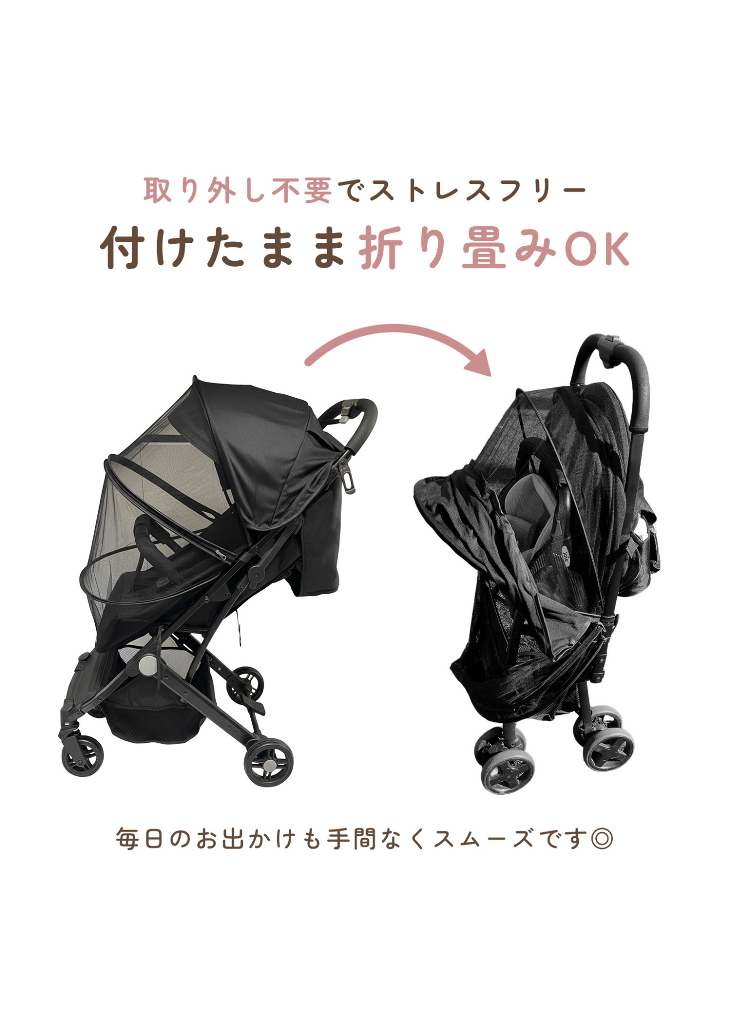 ベビーカーサンシェードのストラップと折りたたみ機能を紹介する画像。取り外し可能なストラップとコンパクト収納を掲載