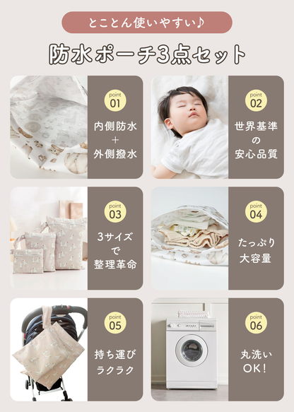 防水ポーチ3点セットの機能紹介画像。内側防水、外側撥水、3サイズ展開、大容量、ストラップ、丸洗いなどの特徴を掲載