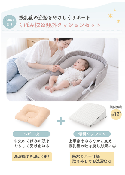 ベッドインベッドの使用シーンと設置方法、ベッド上で赤ちゃんを寝かせるイメージ