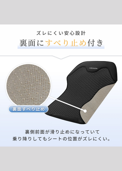 車用冷感シートカバーの裏面構造を紹介する説明画像。シリコン滑り止めでシートのズレを抑える仕様