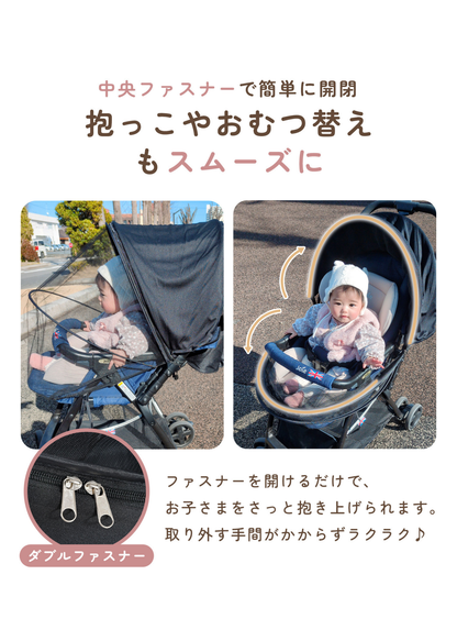 ベビーカーサンシェードの取り付け方法を紹介する画像。ファスナーや固定部分を使ってベビーカーに装着する手順を掲載
