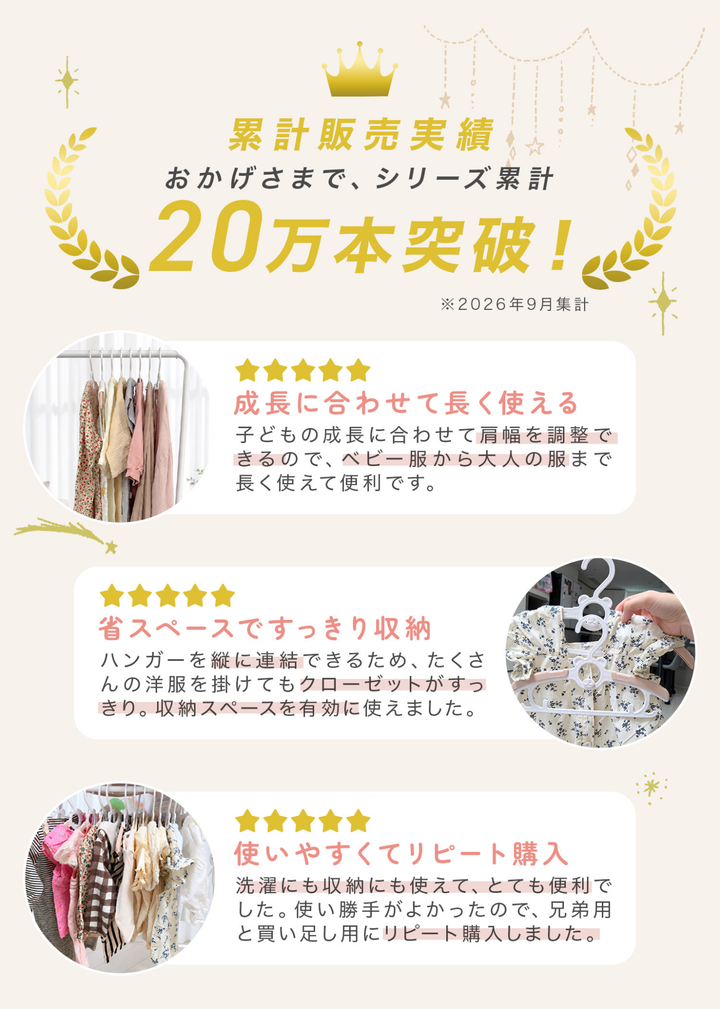 ベビーハンガー伸縮タイプの販売実績や商品特徴を紹介する画像、衣類を掛けた使用イメージ