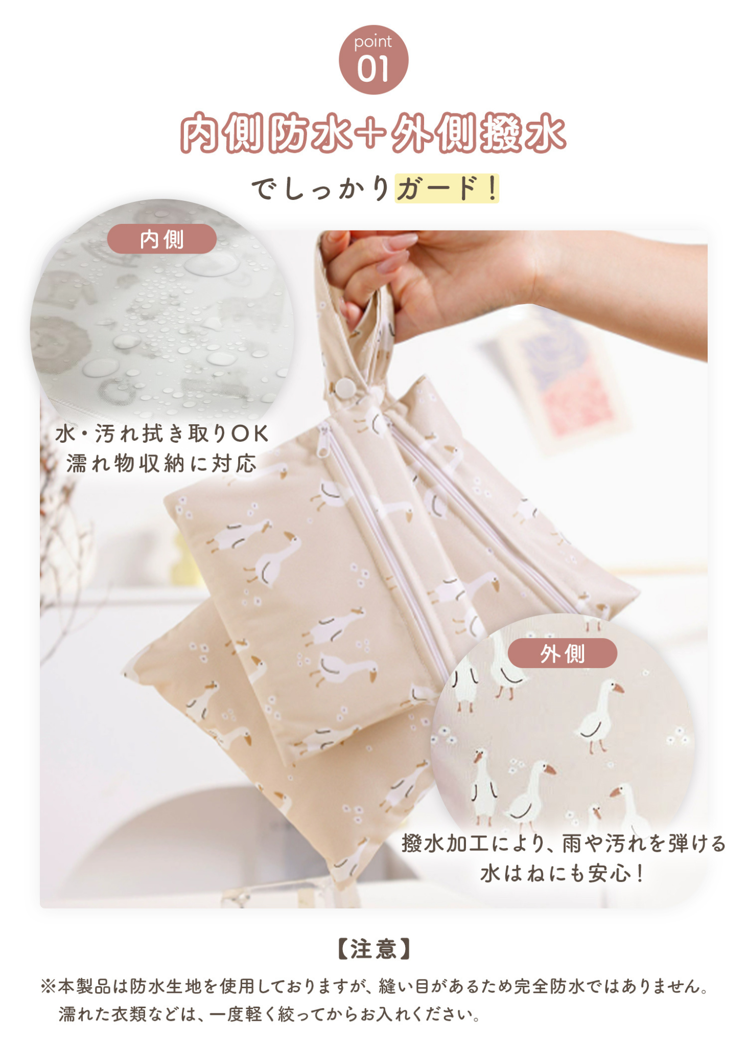 防水ポーチの内側防水と外側撥水を紹介する説明画像。止水ファスナーを備え、水や汚れに配慮した仕様
