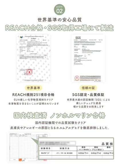防水ポーチの安全性を紹介する説明画像。REACH基準やSGSによる素材検査、ノンホルマリン仕様について掲載