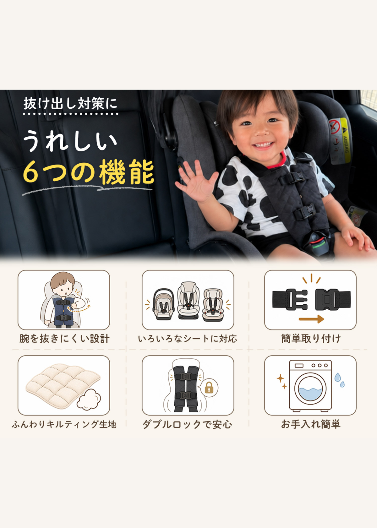 チャイルドシート抜け出し防止ベルトの特徴紹介、子どもの抜け出し対策や使いやすさを説明する画像