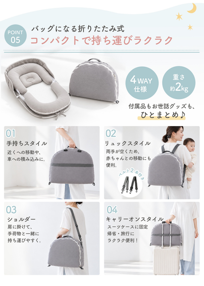 ベッドインベッド持ち運びタイプの収納方法、専用バッグに入れて持ち運ぶイメージ