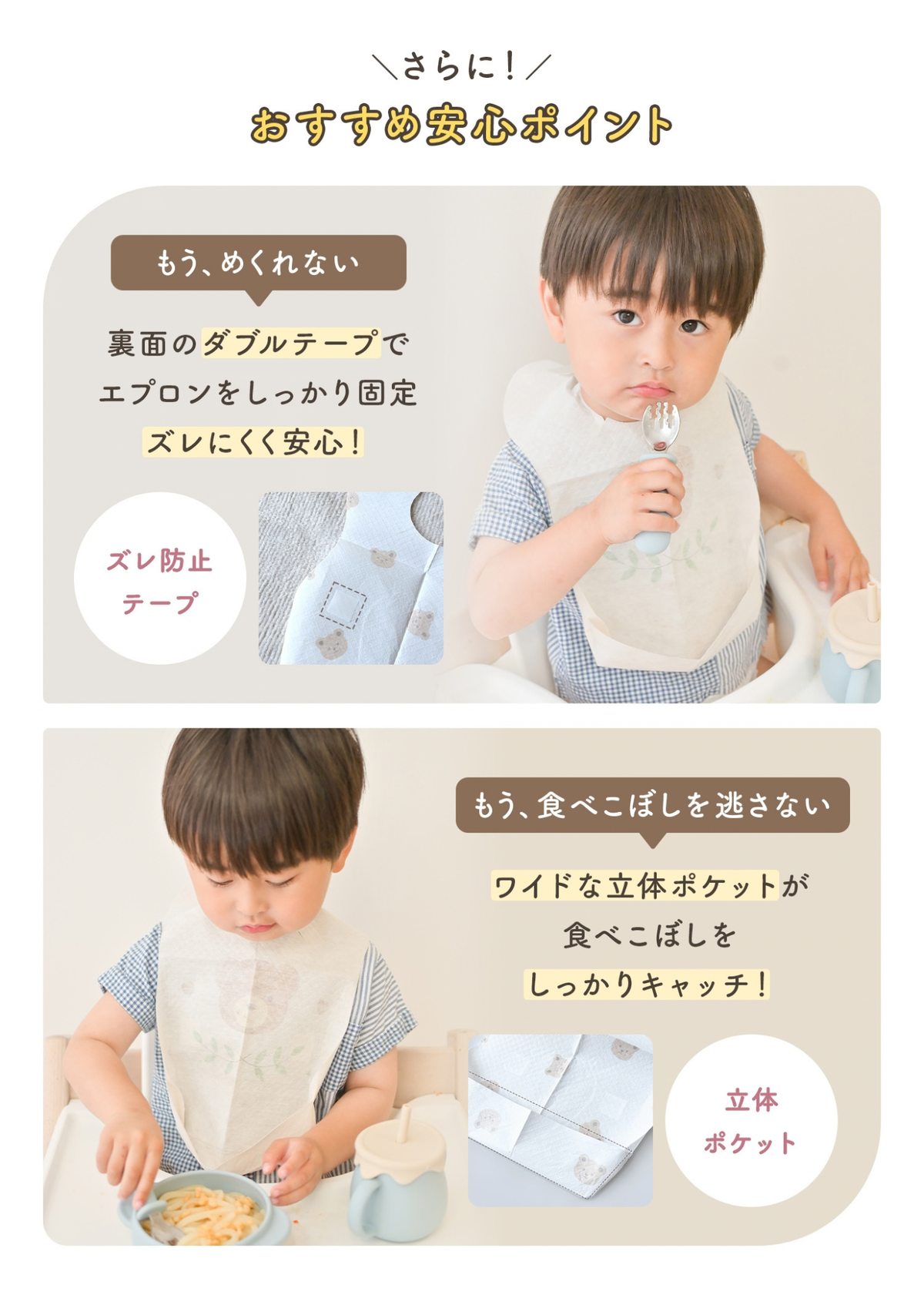 使い捨てエプロンの使い方紹介画像。個包装から取り出して首元を固定し、胸元のテープでフィットさせる手順を掲載