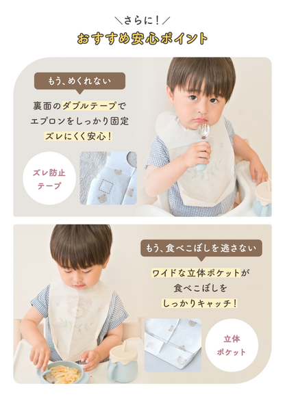 使い捨てエプロンの使い方紹介画像。個包装から取り出して首元を固定し、胸元のテープでフィットさせる手順を掲載