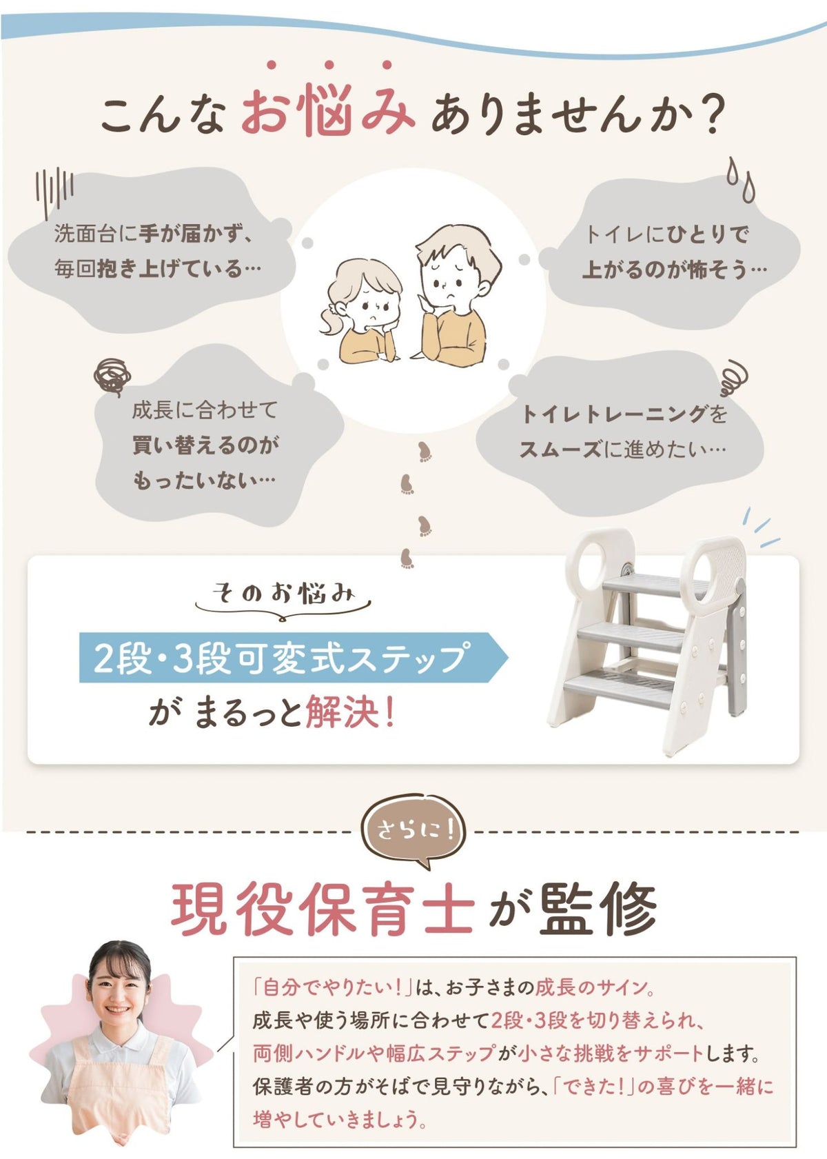 2段・3段可変式踏み台のお悩み解決と監修内容を紹介する画像。子どもの手洗いやお手伝いをサポートする踏み台を掲載