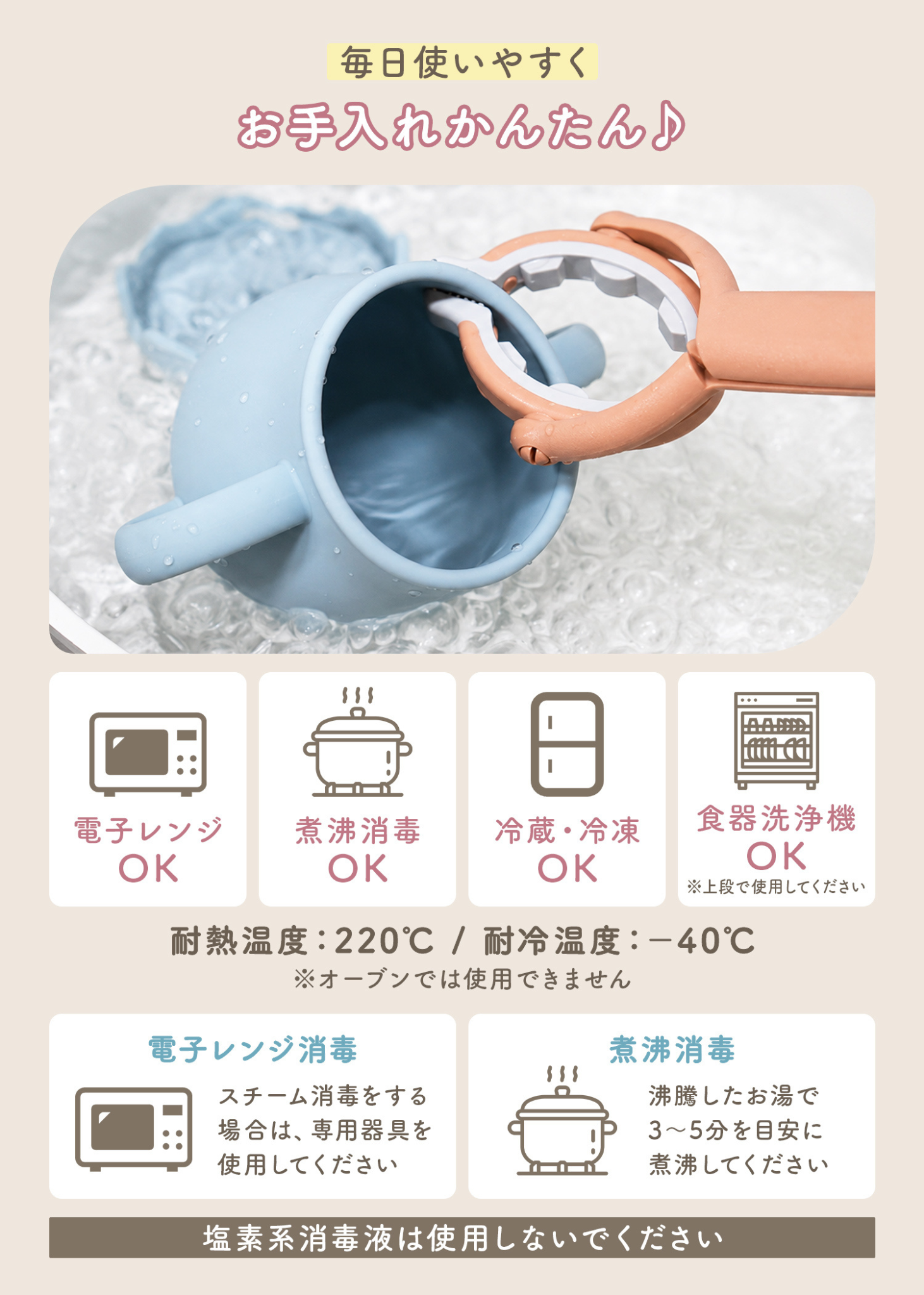 3WAYマグのお手入れ方法を紹介する説明画像。電子レンジ、冷凍、食器洗浄機、哺乳瓶消毒器などへの対応を掲載