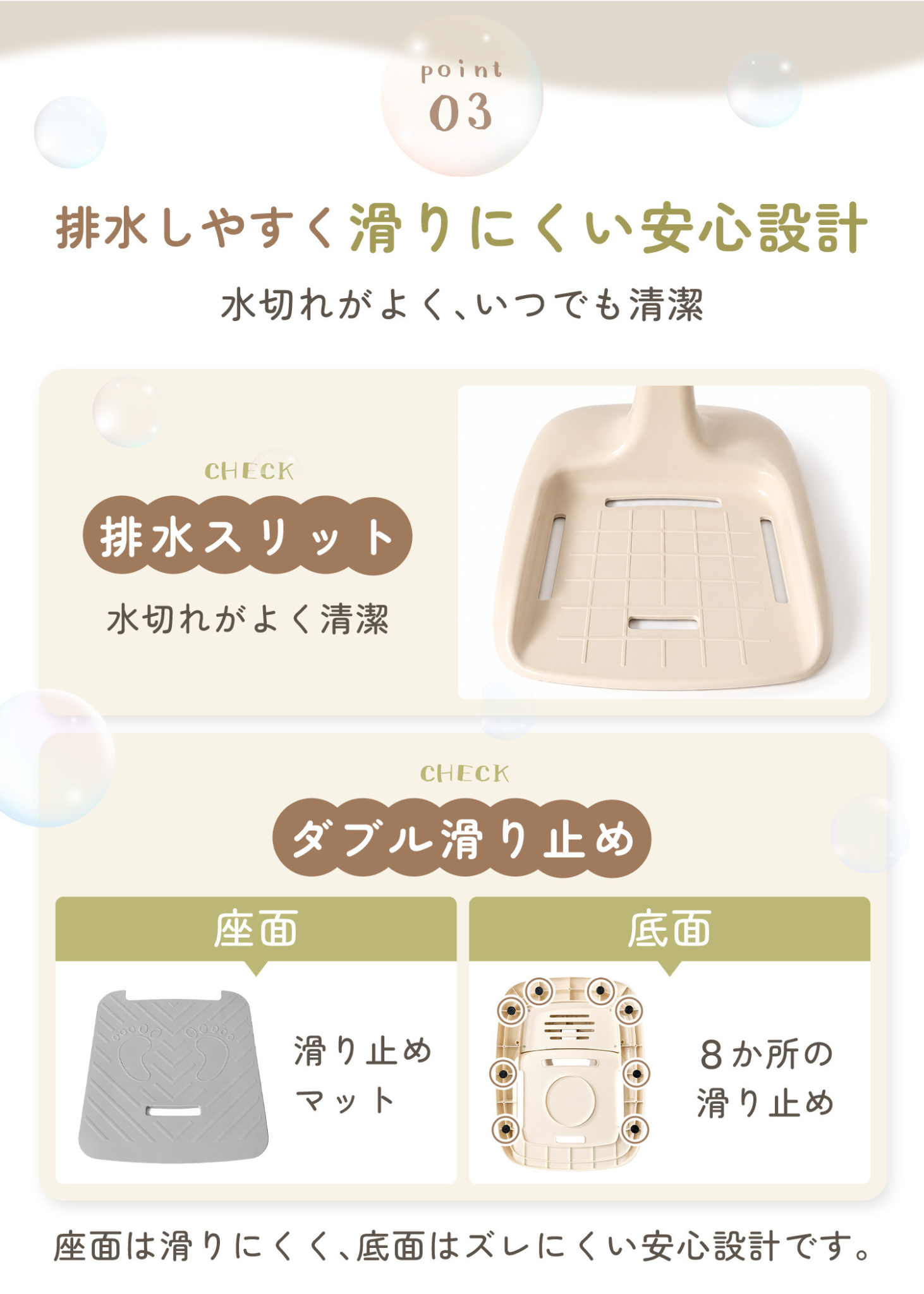 ベビーシャワースタンドの排水設計を紹介する説明画像。座面の排水スリットと滑り止めマット、底面の滑り止めを掲載