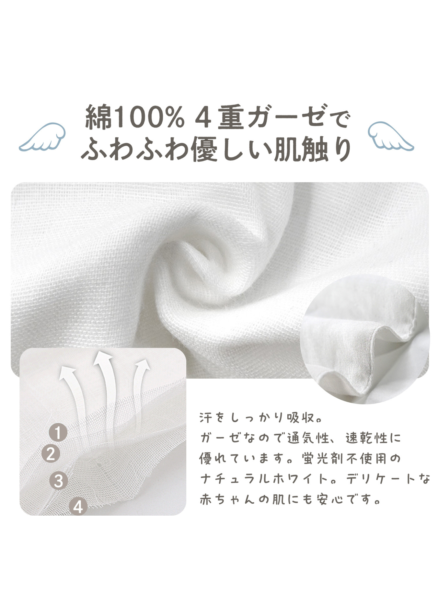 綿100％の4重ガーゼを使用した赤ちゃん用汗取りパッドの素材アップと特徴紹介