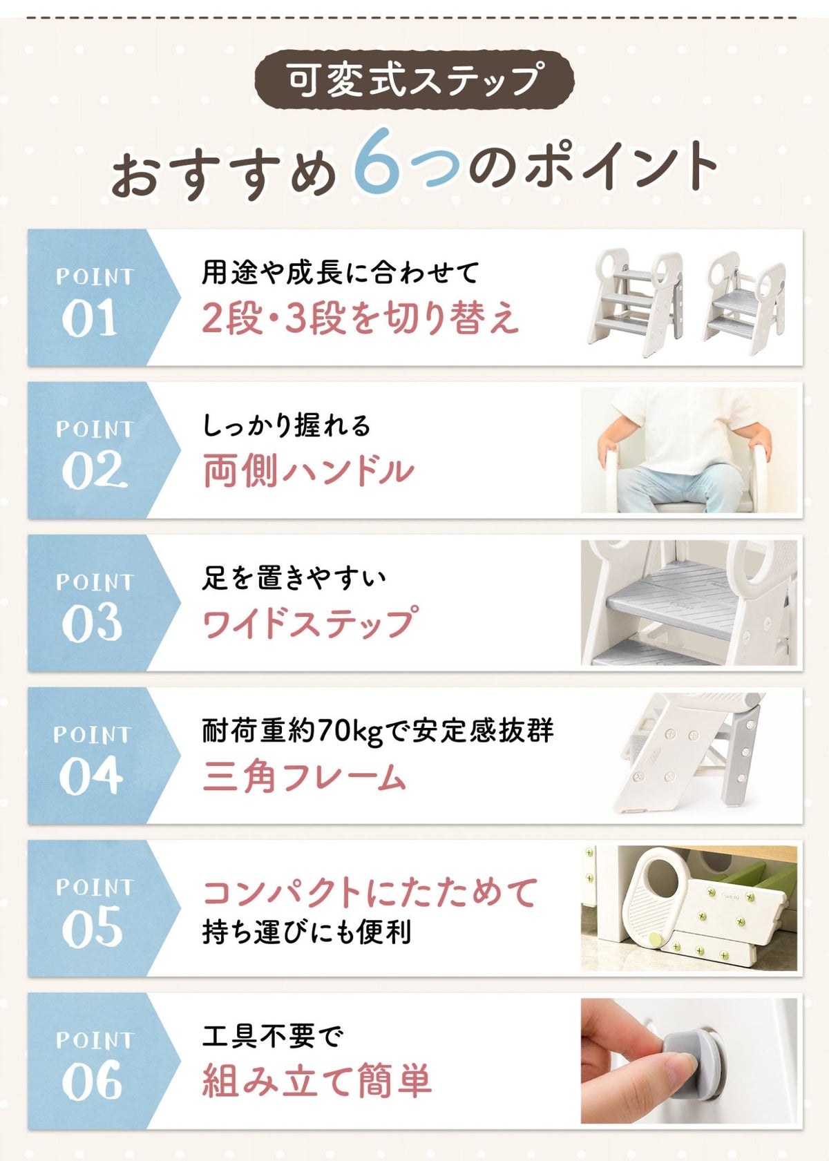 2段・3段可変式踏み台のおすすめ6ポイントを紹介する説明画像。2段3段切替、ハンドル、ワイドステップ、70kg耐荷重などを掲載