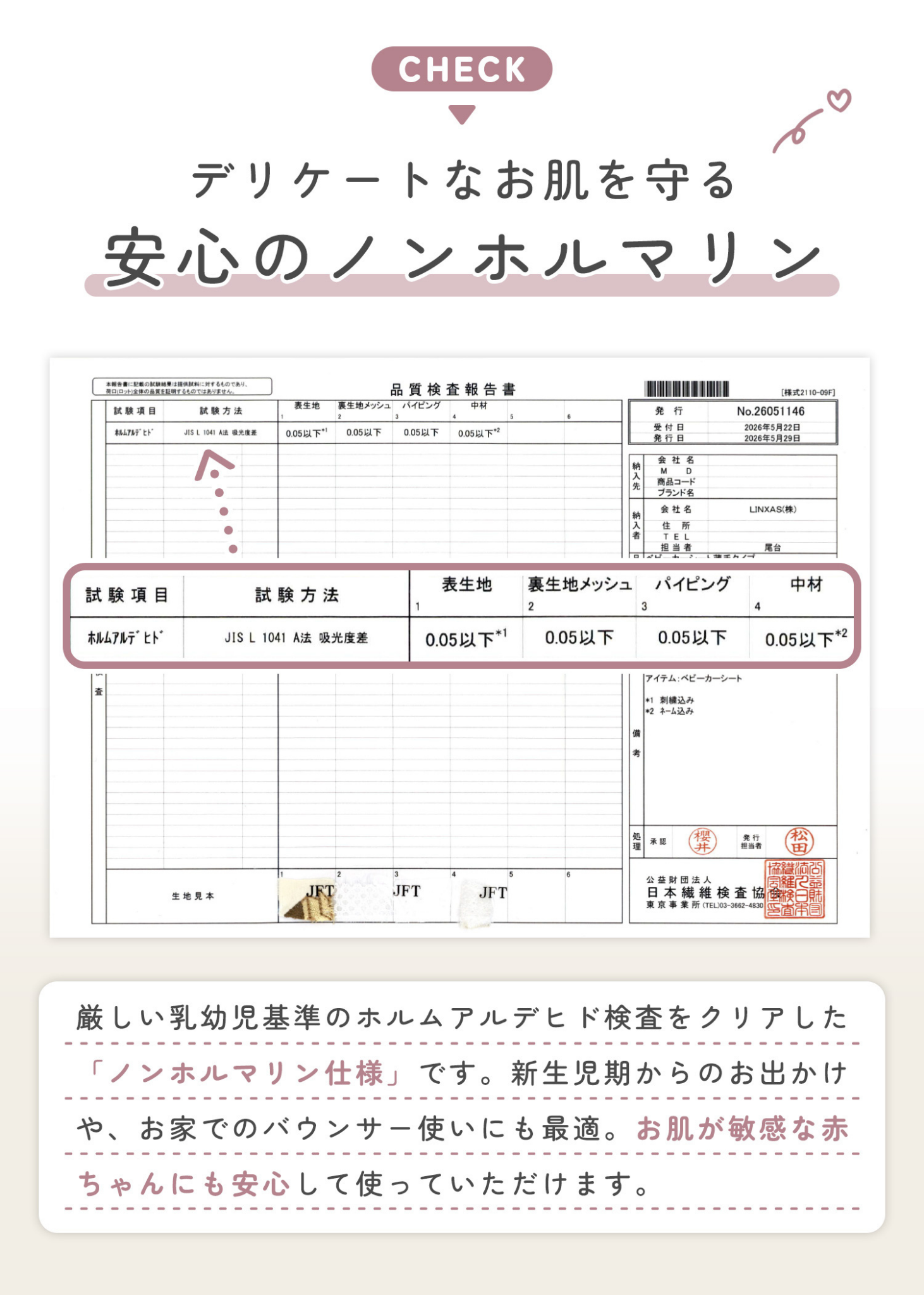 薄手ベビーカーシートのノンホルマリン仕様を紹介する説明画像。国内検査済みの安全性について掲載