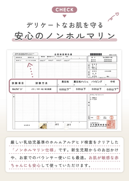 薄手ベビーカーシートのノンホルマリン仕様を紹介する説明画像。国内検査済みの安全性について掲載