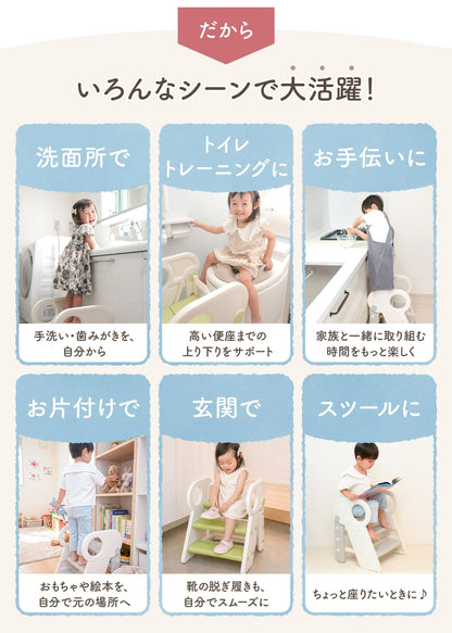 2段・3段可変式踏み台の使用シーン一覧。洗面所、トイレ、キッチン、玄関、食器棚、クローゼットなどで使うイメージ