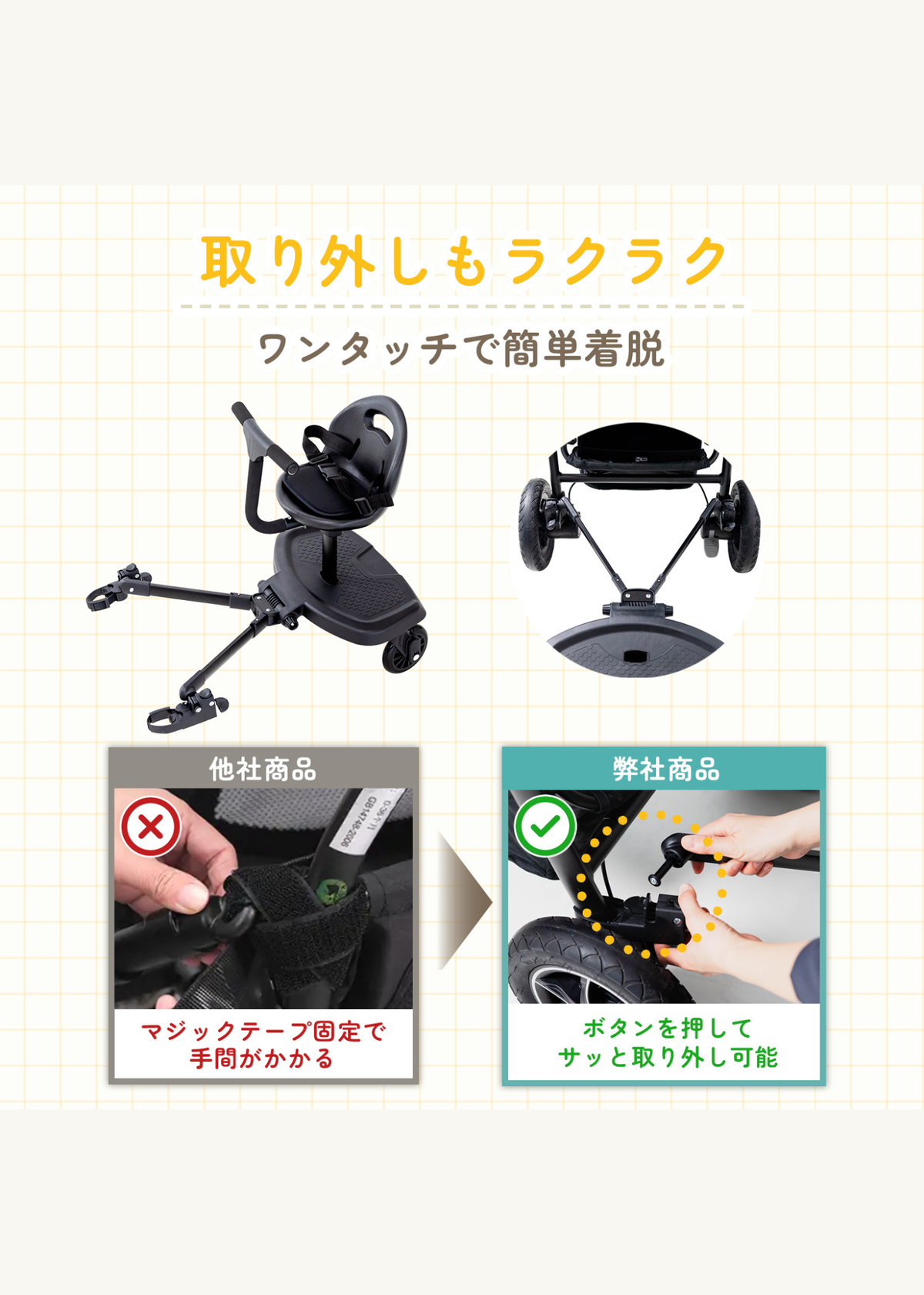 ベビーカーボードのシートをワンタッチで取り外す方法、着脱できる構造の説明