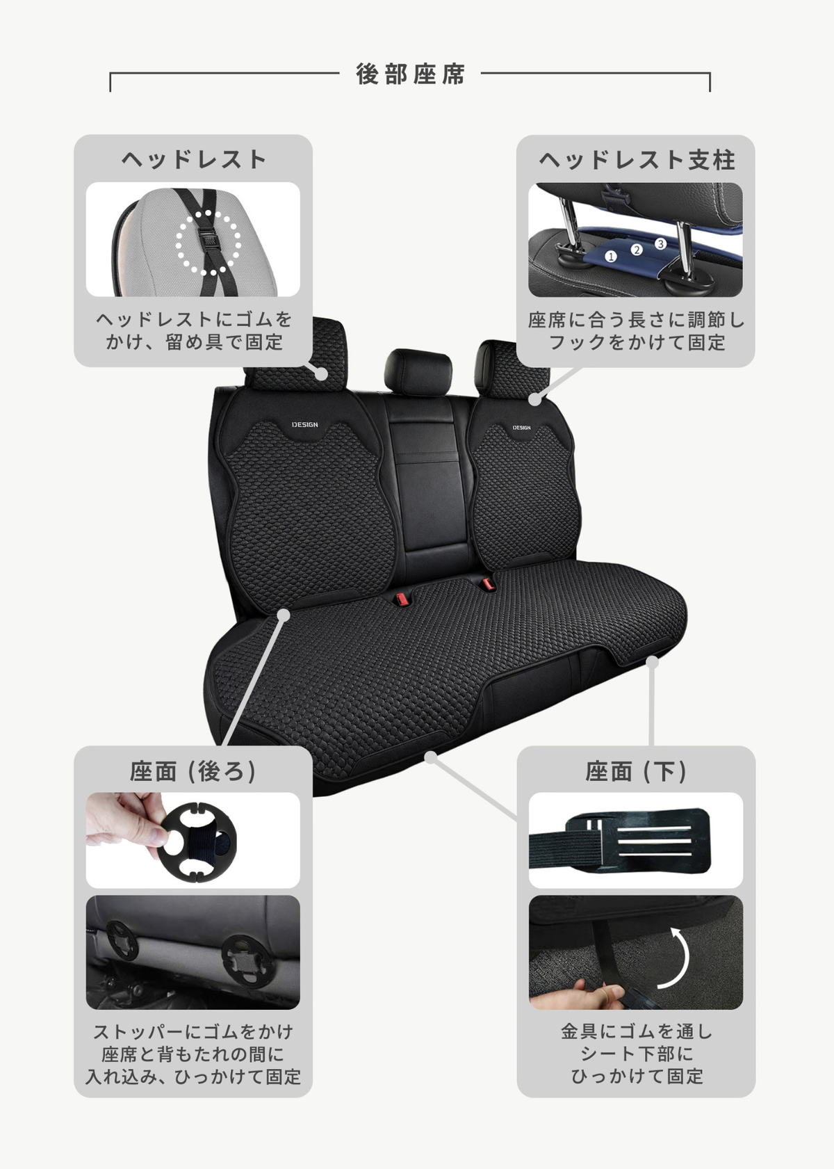 車用冷感シートカバーの後部座席への取り付け方法を紹介する説明画像。ヘッドレスト周りや固定部分を確認できる仕様